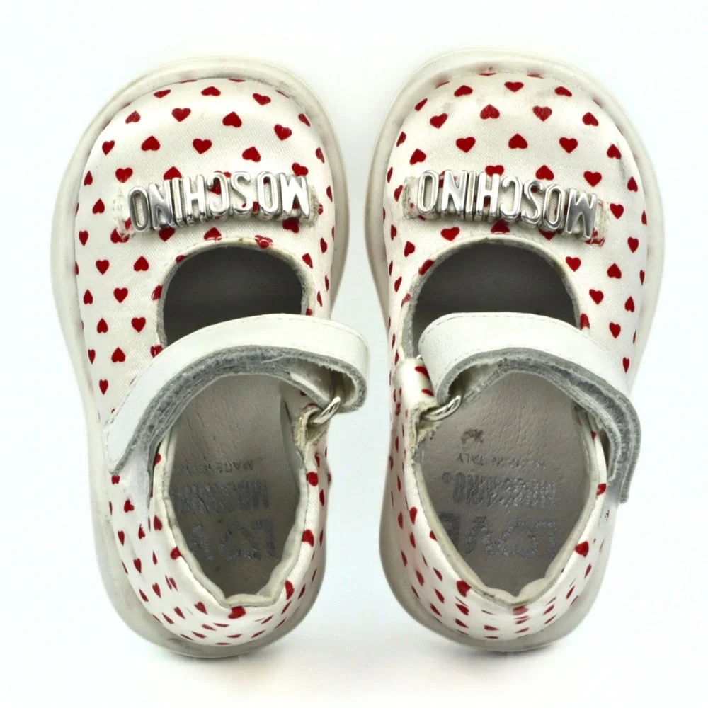Love Moschino Kids Girls Mary Jane Shoes Size 18 (3.5K)White Red‎ Heart Designer